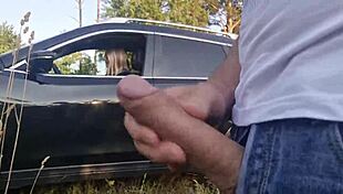 Young woman shocked by cock exposure on beach, watches cumshot.