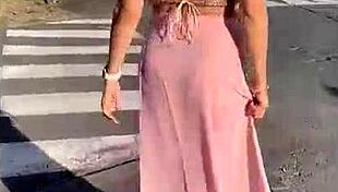 Naughty latina milf flashes panties and buttplug in outdoor sexchallenge game