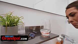 Hot brunette gives stepgrandpa blowjob