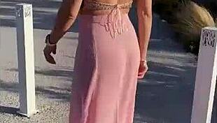 Naughty latina milf flashes panties and buttplug in outdoor sexchallenge game