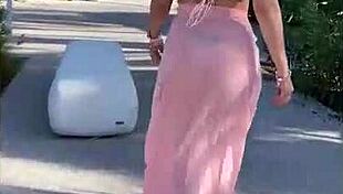 Naughty latina milf flashes panties and buttplug in outdoor sexchallenge game