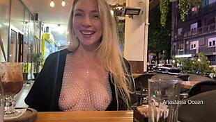 Wife Flashes Boobs Topless In Public Outdoor Cafe