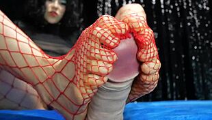 Wow, fishnet footjob by sweet Lucifer! Petite 18+ femdom mistress dominates with dildo!