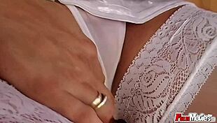 Blonde lesbians in lingerie toy their pussies while kissing