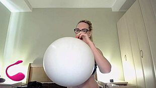 fat curvy looner blows white balloon to pop it for fun 😊