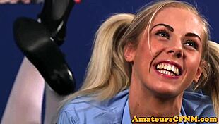 Teasing babe dominates submissive guy with intense blowjob in stockings during CFNM session.