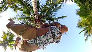 Shibari bondage on public beach with lordshibarifloripa, featuring ripped clothes, natural big tits, and voyeur fetish