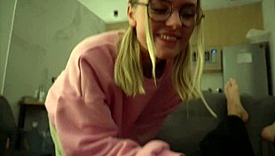 Cute teen nerd with glasses deepthroats cock and gets facial cumshot