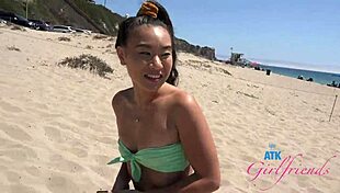 Kicking it on the beach with Kimmy Kimm giving a blowjob backstage