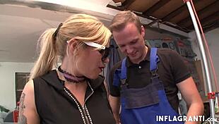 Chesty tattooed blonde milf reaches orgasm while masturbating with leather and facial