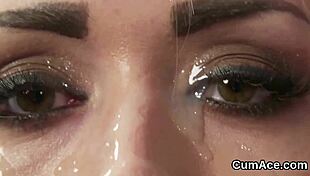 slutty model sucks cock and gets jizz load on face, gulping all the cum