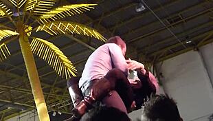 Erotic stripper dances nude outdoors, giving handjob and blowjob after ripping clothes.