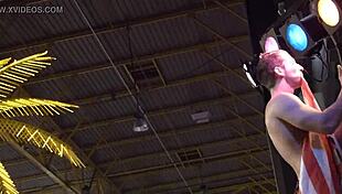 Erotic stripper dances nude outdoors, giving handjob and blowjob after ripping clothes.