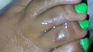 Intense cumshot explodes all over her feet