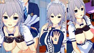 Intriguing contrast: touhou's sakuya izayoi gets her big 3d tits rubbed intensely in anime hentai blowjob scene