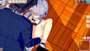 Intriguing contrast: touhou's sakuya izayoi gets her big 3d tits rubbed intensely in anime hentai blowjob scene