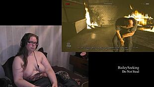 Tattooed Brunette BBW Plays Outlast Naked, Showing Natural Tits and Piercings