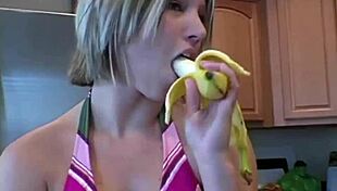 Sweet Babe Licking Banana in Lingerie Photoshoot Orgasm