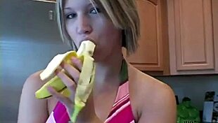 Sweet Babe Licking Banana in Lingerie Photoshoot Orgasm