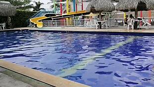 we kissed and touched by the pool, then the dwarf neighbor and i fucked in the bathroom with blowjobs and deepthroats