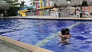 we kissed and touched by the pool, then the dwarf neighbor and i fucked in the bathroom with blowjobs and deepthroats