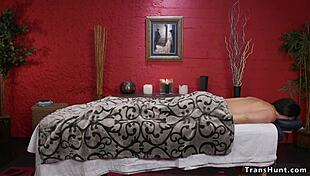 Big dick shemale masseuse dominates brunette in anal session.