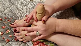 Intense Foot and Handjob Action on Throbbing Dildo.