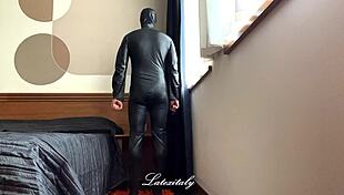 She explores the latex catsuit collection