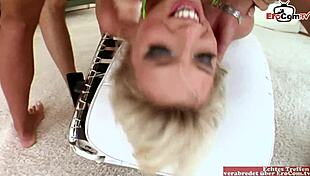 Blonde thin milf receives hard mmf threesome and cum in mouth