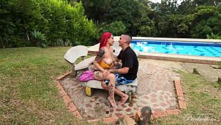 Young couple bends over for outdoor pussy riding on vacation's last day