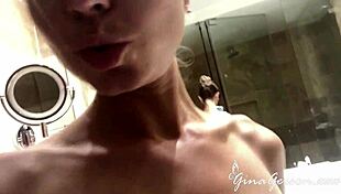 young slut rides cowgirl in the shower, her small wet tits bouncing