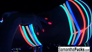 In this solo video we see Samantha Saint's big tits and ass glow in the dark