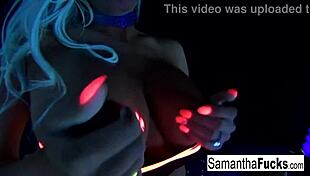 In this solo video we see Samantha Saint's big tits and ass glow in the dark