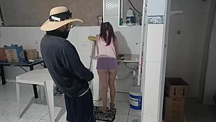 He risks masturbating to the tenant washing clothes and gets caught