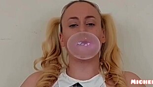 bubblegum girl blowing bubbles in class
