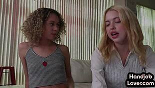 Petite Girlfriend Tugging Boyfriend's Cock With Best Friend's Help In Closeup