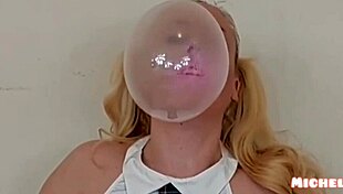 bubblegum girl blowing bubbles in class