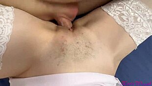 Sexy brunette in white stockings rides hard and fucks passionately