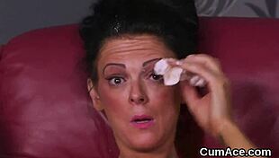 horny idol gets cum load on face, eating the jizz