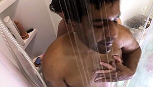 does this interracial couple have fun with handjob and blowjob in the shower
