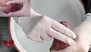 Características de agua médica, POV paciente, guantes de látex blanco, paja en glande