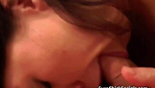 Brunette shows off her oral skills with handjobs and blowjobs