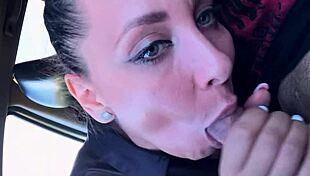 Misspanthera risks a sloppy deepthroat blowjob in the car