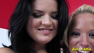 Blonde and brunette amateurs enjoy massage table