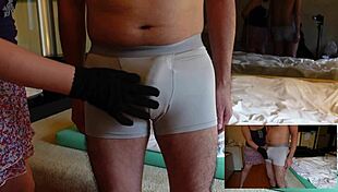 femdom squeezes cock over pants, slaps before cum, teases 😈