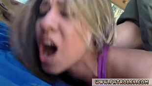 Blonde cop's strip search turns into outdoor sex with blowjob, facial, and ripped clothes