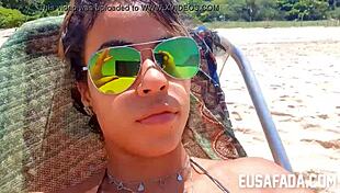 Latina amateur exposes natural tits and pussy on brazilian beach