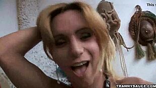 Tasty blonde shemale strips slowly in solo scene