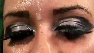 Foxy babe subtly swallows jizz load on her face