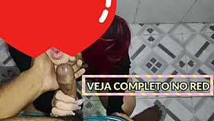 Redhead bent over in bathroom for doggystyle blowjob